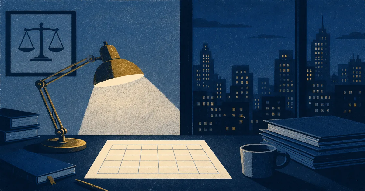 Associate attorney working late at a law firm desk with case files