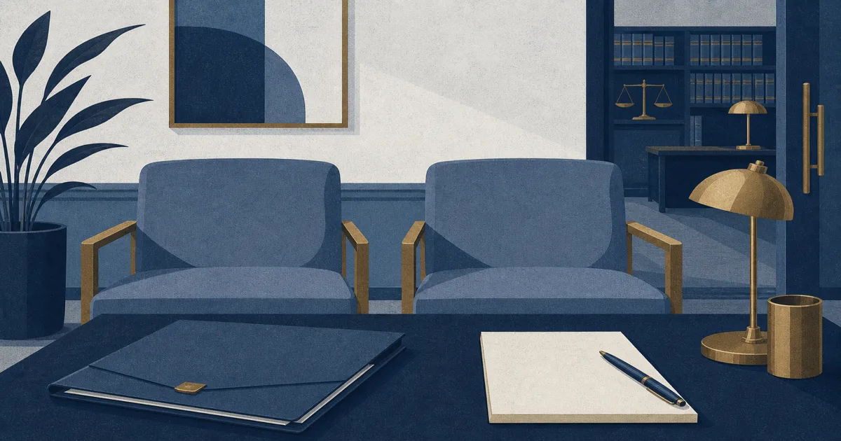 Risograph illustration of a law firm interview prep room with two chairs and a closed folder