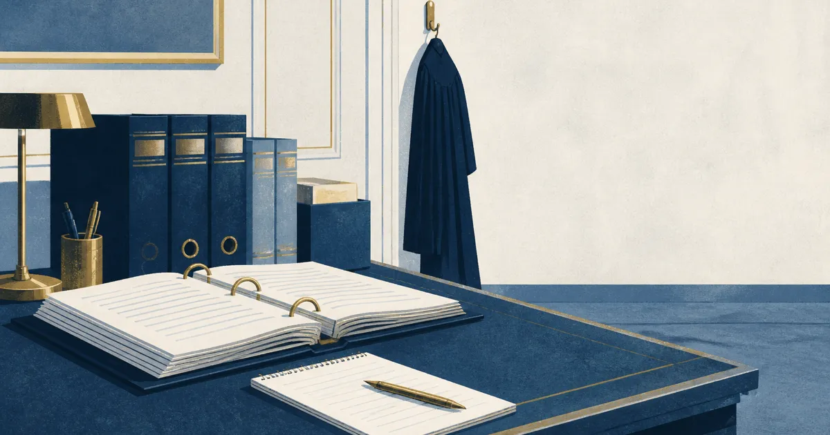 Law student interning in a judge's chambers reviewing case files