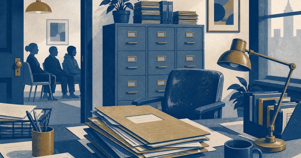 Law student intern at a public defender office reviewing a case file